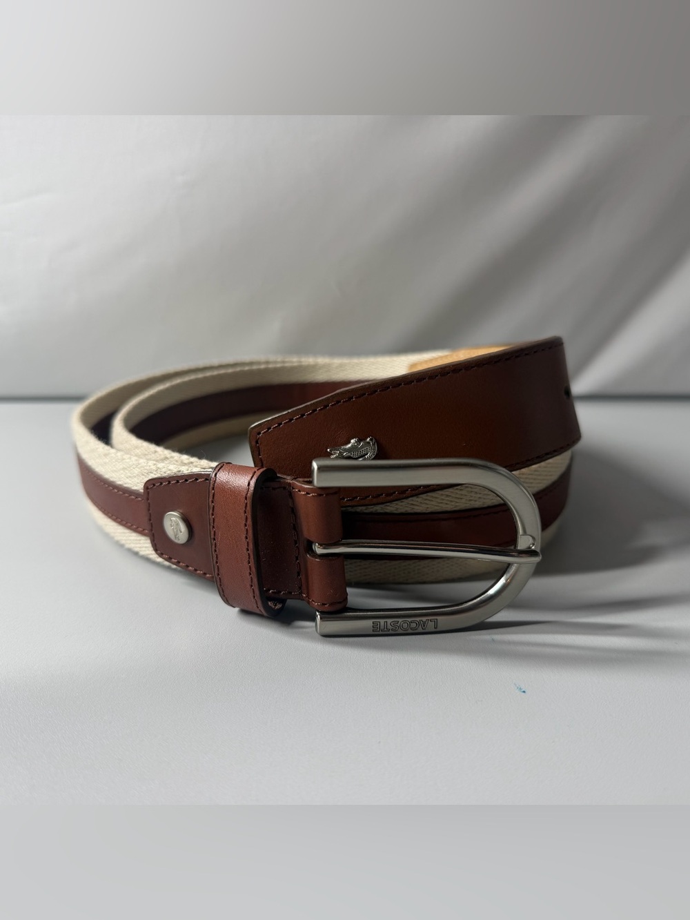 Lacoste Brown Leather and Cream Canvas Men's Belt with Silver Buckle